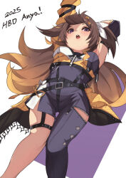 Rule 34 | 1girl, anya melfissa, arm behind head, arms up, asymmetrical clothes, black pants, black shirt, blonde hair, blush, breasts, brown hair, center-flap bangs, collared shirt, cropped shirt, detached sleeves, double-parted bangs, gradient hair, hair ornament, hairclip, happy birthday, highres, hololive, hololive idol uniform (color rise), hololive indonesia, idol, idol clothes, long hair, long sleeves, looking at viewer, ludwigtk, medium breasts, multicolored hair, multicolored shirt, official alternate costume, open mouth, pants, purple eyes, shirt, single detached sleeve, single pantsleg, single sleeve, solo, two side up, very long hair, virtual youtuber, white shirt, yellow overskirt, yellow shirt