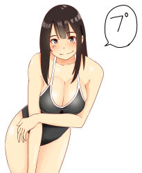 1girl black_hair black_one-piece_swimsuit breasts cleavage highres jin001 leaning_forward long_hair looking_at_viewer one-piece_swimsuit original school_swimsuit simple_background smile solo speech_bubble swimsuit white_background