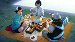 Rule 34 | 1girl, 2boys, barefoot, baseball cap, black hair, brown hair, casual, chopsticks, crossed legs, daitoku junna, dougi, eating, fat, fat man, food, fukuda tomonori, game cg, hashida itaru, hat, highres, holding, holding chopsticks, karate gi, kneeling, multiple boys, non-web source, official art, picnic, pink shirt, red eyes, red hair, robotics;notes, robotics;notes dash, science adventure, shirt, short hair, short sleeves, sitting, smile, t-shirt, toes, watch, wristwatch, yashio kaito