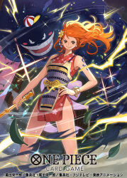 1girl armor bangle bare_shoulders bracelet brown_eyes clima-tact closed_mouth cloud commentary_request copyright_name dust_cloud earrings electricity falling_leaves feet_out_of_frame floating_hair floral_print floral_print_kimono flower hair_flower hair_ornament hand_on_own_hip hat holding holding_staff japanese_armor japanese_clothes jewelry kimono leaf log_pose long_hair looking_at_viewer mini_hat nami_(one_piece) official_alternate_costume official_art one_piece one_piece_card_game orange_hair otton pearl_earrings print_kimono red_kimono short_kimono shoulder_tattoo sleeveless sleeveless_kimono smile sparkle staff tattoo v-shaped_eyebrows zeus_(one_piece)