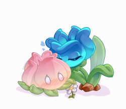blank_eyes blue_flower blue_rose blush chinese_commentary closed_eyes commentary_request daisy_(flower) flower flower_focus heart kiss kissing_cheek leaf lily_(flower) no_humans no_mouth nose_blush pink_flower plants_vs._zombies plants_vs._zombies_2 plants_vs._zombies_2_(chinese) power_lily_(plants_vs._zombies) rose rosemary_(plants_vs._zombies) shadow simple_background u_u veghia white_background white_flower yuri