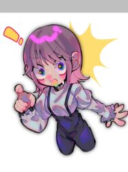 ! 1girl blue_eyes blush breasts high-waist_pants highres inkya_lovecome kagami_tooru me_mero_melon open_mouth pants pointing purple_hair simple_background solo suspender_pants suspenders sweat thick_eyebrows