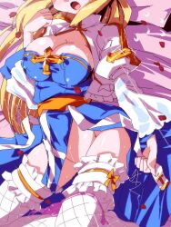 1girl :o arch_bishop_(ragnarok_online) blonde_hair blue_dress blush breasts cleavage cleavage_cutout clothing_cutout commentary_request covered_erect_nipples cross dress eyes_out_of_frame feet_out_of_frame fishnet_thighhighs fishnets frilled_thighhighs frills head_out_of_frame juliet_sleeves large_breasts long_hair long_sleeves looking_at_viewer miuku_(marine_sapphire) no_panties open_mouth petals puffy_sleeves ragnarok_online sash solo thighhighs two-tone_dress white_dress white_thighhighs yellow_sash