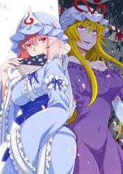 2girls adapted_costume blonde_hair blue_hat blue_kimono blue_ribbon breasts cleavage closed_mouth commentary_request covered_navel dress eichi_yuu elbow_gloves falling_petals folding_fan frilled_kimono frilled_sleeves frills gloves hand_fan hat holding holding_fan japanese_clothes kimono long_hair long_sleeves looking_at_viewer mob_cap multiple_girls neck_ribbon off-shoulder_dress off_shoulder open_mouth petals pink_hair pink_petals purple_dress purple_eyes red_ribbon ribbon saigyouji_yuyuko sleeve_garter smile touhou triangular_headpiece white_gloves wide_sleeves yakumo_yukari