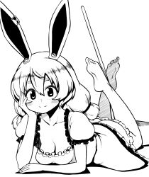 1girl absurdres animal_ears ass barefoot bloomers breasts cleavage closed_mouth dress earclip greyscale hand_on_own_face hand_on_own_hip highres himajin_noizu kine legs_up looking_at_viewer low_twintails lying mallet medium_breasts medium_hair monochrome on_stomach rabbit_ears rabbit_girl seiran_(touhou) simple_background smile solo touhou twintails underwear