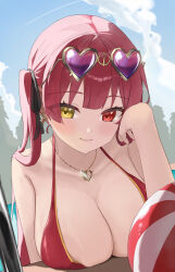 1girl ball beachball bikini black_ribbon blue_sky breasts cloud cloudy_sky day eyewear_on_head hair_ribbon heart heart-shaped_eyewear heart_necklace heterochromia highres hololive houshou_marine houshou_marine_(summer) huge_breasts jewelry kurushiro1102 looking_at_viewer necklace outdoors poolside purple-tinted_eyewear red_bikini red_eyes red_hair ribbon sky solo swimsuit tinted_eyewear virtual_youtuber yellow_eyes