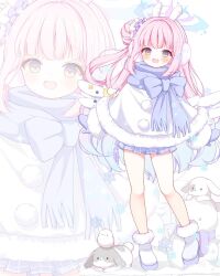 Rule 34 | 1girl, :d, angel wings, blue archive, blush, boots, coat, commentary request, earmuffs, full body, fur-trimmed boots, fur-trimmed coat, fur-trimmed sleeves, fur trim, hair bun, halo, korean commentary, long hair, long sleeves, looking at viewer, low wings, mika (blue archive), miniskirt, mittens, open mouth, pink hair, pink halo, plaid clothes, plaid skirt, pleated skirt, purple mittens, purple scarf, purple skirt, rabbit, scarf, skirt, smile, snow, solo, standing, subin (subin 2011), white boots, white coat, wings, yellow eyes
