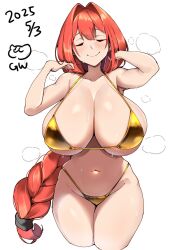 1girl adjusting_hair bikini blush braid breasts cleavage closed_eyes dated gold_bikini hair_intakes hair_tie highleg highleg_bikini huge_breasts long_braid long_hair nana_(mogs1225) navel original red_hair smile solo standing sweat swimsuit very_long_hair white_background wide_hips