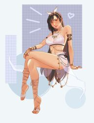 1girl arm_support armlet bare_shoulders belly_chain bikini black_hair bow breasts chest_jewel choker closed_mouth commentary crossed_legs dancer earrings english_commentary feet final_fantasy final_fantasy_vii final_fantasy_vii_ever_crisis fingerless_gloves full_body gloves hair_bow hand_on_own_knee heart highres invisible_chair jewelry katsuartsu legs lips long_hair looking_at_viewer medium_breasts midriff navel necklace official_alternate_costume red_eyes see-through_clothes sitting soles solo stomach swimsuit tifa_lockhart tifa_lockhart_(passion_mermaid) toeless_footwear toes white_bikini white_bow white_choker