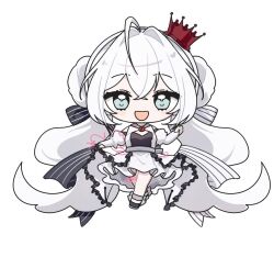 1girl :d absurdly_long_hair ahoge black_ribbon black_shoes blush chibi commentary crown detached_sleeves dress eleanor_forte english_commentary green_eyes hair_between_eyes hair_intakes juliet_sleeves long_hair long_sleeves looking_at_viewer open_mouth puffy_sleeves ribbon second-party_source seria_(se_ria) shoes simple_background smile solo striped_ribbon synthesizer_v very_long_hair white_background white_dress white_hair white_ribbon white_sleeves