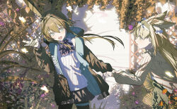 2girls absurdres amiya_(arknights) animal_ears arknights ascot black_jacket black_skirt blonde_hair blue_ascot blush brown_hair fox_ears fox_girl gloves green_eyes green_skirt hair_between_eyes hairband highres holding_another&#039;s_wrist jacket long_hair looking_at_another multiple_girls open_mouth qtian rabbit_ears rabbit_girl shirt sidelocks skirt suzuran_(arknights) sweater white_gloves white_shirt white_sweater yellow_hairband