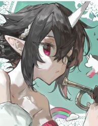 1girl bare_shoulders black_hair collarbone dress hair_between_eyes heterochromia holding horns original pointy_ears qyzhiaiyisheng rainbow red_eyes single_horn solo upper_body