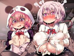 1boy 2girls ahoge animal_hood atahuta blush bow bowtie breast_envy breasts breasts_out collarbone covered_erect_nipples cum cum_on_body cum_on_breasts cum_on_upper_body dark-skinned_male dark_skin fang hair_ornament hairclip hetero hood huge_breasts multiple_girls nijisanji orange_hair paizuri paizuri_under_clothes panda_hood pink_hair red_bow red_bowtie sasaki_saku sasaki_saku_(1st_costume) school_uniform shiina_yuika shiina_yuika_(1st_costume) short_hair small_breasts smile sweat virtual_youtuber wavy_mouth