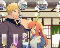 1boy 1girl :d absurdres alternate_costume alternate_hairstyle black_eyes black_shirt blonde_hair blue_jacket blurry blurry_background braid brown_sweater chidouin_sara closed_mouth collared_shirt cup door drinking_glass half_up_braid hand_on_own_neck hanging_light highres holding holding_cup indoors jacket kimi_ga_shine light_smile long_hair long_sleeves looking_at_another looking_at_object m_96_1 noren open_collar open_mouth orange_hair purple_eyes sanpaku shinogi_keiji shirt shop short_hair sidelocks sleeves_rolled_up smile sweater upper_body white_shirt wind_chime window wine_glass wispy_bangs