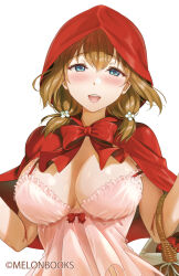 1girl basket blue_eyes blush breasts brown_hair camisole cape cleavage commentary_request copyright_notice double-parted_bangs holding holding_basket hood hood_up hooded_cape kitiroku large_breasts little_red_riding_hood_(grimm) looking_at_viewer low_twintails medium_hair melonbooks open_mouth original pink_camisole red_cape simple_background smile solo twintails updo w_arms white_background