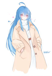 1girl alternate_costume azur_lane belt blue_hair blush brown_belt casual coat commentary_request dress hair_between_eyes hands_in_pockets helena_(azur_lane) highres livetarica long_hair looking_at_viewer open_clothes open_coat parted_lips purple_eyes solo very_long_hair white_dress