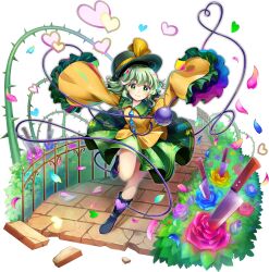 1girl aqua_flower aqua_rose blue_boots blue_flower blue_petals blue_rose boots breasts buttons circle_skirt closed_mouth collared_shirt diamond_button eyeball falling_petals floral_print flower frilled_shirt_collar frilled_sleeves frills full_body game_cg green_eyes green_hair green_hat green_skirt hat hat_ribbon heart heart_of_string highres knife komeiji_koishi leg_up long_hair long_sleeves looking_at_viewer official_art outdoors petals pink_flower pink_petals pink_rose print_skirt ribbon rose rose_print rotte_(1109) shirt skirt sleeves_past_fingers sleeves_past_wrists smile solo third-party_source third_eye thorns touhou touhou_lostword transparent_background wide_sleeves yellow_flower yellow_ribbon yellow_rose yellow_shirt