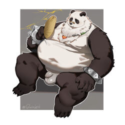 1boy absurdres animal_ears artist_name bara barefoot belly black_fur bracelet claws closed_mouth commentary_request covered_navel fat flaccid foreskin furry furry_male hand_fan highres holding holding_fan jewelry looking_down male_focus multicolored_fur no_pants owule6 pan_yinhu panda_boy panda_ears penis plump round_eyewear sitting spiked_bracelet spikes tank_top testicles twitter_username white_fur white_tank_top zenless_zone_zero