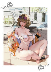 1girl absurdres anis_(nikke) areola_slip barefoot bikini brown_hair eyepatch_bikini feet goddess_of_victory:_nikke highres i_am_not_a_cat looking_to_the_side medium_hair soles stirrup_legwear sunglasses_on_head toeless_legwear toes yellow_eyes