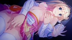 10s 1boy 1girl blonde_hair blue_eyes blush breasts censored fingering game_cg grabbing_another&#039;s_breast groping hetero highres kagurazaka_namine koutaro long_hair mosaic_censoring navel nipples protagonist_(tropical_vacation) tropical_kiss tropical_vacation twinkle_(company)