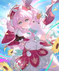 1girl 7an0115 absurdres animal aqua_bow aqua_bowtie aqua_eyes aqua_hair blue_sky bow bowtie commentary dress drill_hair english_commentary flower hat highres holding holding_animal honkai:_star_rail honkai_(series) hyacine_(honkai:_star_rail) little_ica_(honkai:_star_rail) medium_hair multicolored_hair pantyhose parted_lips pink_hair rainbow red_dress red_hat sky sunflower twin_drills two-tone_hair white_pantyhose