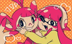 1girl aipom ambipom commentary_request creatures_(company) fangs game_freak gen_2_pokemon gen_4_pokemon inkling inkling_girl inkling_player_character nana_(raiupika) nintendo one_eye_closed pink_hair pokemon pokemon_(creature) splatoon_(series) splatoon_1 tentacle_hair