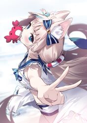 1girl absurdres animal_ear_fluff animal_ears beach blonde_hair blue_bow blue_eyes blue_hair blue_sailor_collar bow cat_ears commentary day dress fins fish_girl fish_tail frilled_shirt_collar frills hair_bow highres indie_virtual_youtuber long_hair looking_at_viewer low_twintails mouth_hold multicolored_hair outdoors outstretched_arm sailor_collar sameko_saba short_shorts shorts sleeveless sleeveless_dress solo streaked_hair tail twintails v very_long_hair virtual_youtuber white_dress white_shorts yaguo