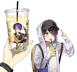 Rule 34 | 1boy, 1other, backpack, bad id, bad twitter id, bag, baseball cap, cropped jacket, cup, disposable cup, dohyo123123, drinking straw, ensemble stars!, finger gun, hair over one eye, hand up, hat, highres, holding, holding cup, hood, hood up, idol, incognito, jacket, jewelry, juxtaposition, long sleeves, male focus, mask, mask pull, mouth mask, multicolored hair, necklace, open clothes, open jacket, open mouth, popped collar, purple hair, sengoku shinobu, short hair, shuriken, simple background, streaked hair, surgical mask, two-sided fabric, v-shaped eyebrows, weapon, white background, white jacket, yellow eyes