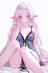 1girl black_camisole black_panties breasts camisole collarbone earrings elf frieren green_eyes hand_up highres jewelry lingerie long_hair looking_at_viewer nixeu panties parted_lips pointy_ears simple_background sitting sleepy small_breasts solo sousou_no_frieren teardrop_earrings underwear white_background white_hair