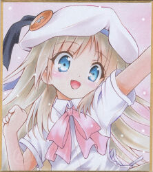 Rule 34 | 1girl, arms up, beret, blonde hair, blue eyes, bow, bowtie, clenched hand, fang, hat, highres, little busters!, long hair, noumi kudryavka, open mouth, painting (medium), pink bow, pink bowtie, shirt, short sleeves, smile, solo, tina (pixiv37050289), traditional media, twitter username, upper body, watercolor (medium), watermark, white hat, white shirt