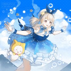 1girl ^_^ absurdres animal artist_request back_bow bare_shoulders beads beret blonde_hair blue_bow blue_bowtie blue_brooch blue_choker blue_dress blue_sky blue_sleeves blue_wrist_cuffs blunt_bangs bow bow_choker bowtie brown_eyes bubble bubble_print bubbly_voyage_(infinity_nikki) buttons cat chinese_commentary choker circle_skirt cloak closed_eyes clothed_animal cloud collared_dress commentary_request commission detached_sleeves dot_nose dress ear_covers feet_out_of_frame floating floating_clothes floating_hair frilled_choker frilled_skirt frilled_sleeves frilled_wrist_cuffs frills hair_ornament hair_rings hairclip happy hat hat_bow hat_ornament highres hood hood_up hooded_cloak infinity_nikki large_bow light_blush looking_ahead miniskirt momo_(nikki) mountainous_horizon navel nikki_(nikki) nikki_(series) open_mouth outstretched_arms rabbit_hair_ornament red_bow red_bowtie sample_watermark second-party_source short_hair_with_long_locks short_sleeves sidelocks skirt sky smile star_(symbol) star_choker star_hat_ornament strapless strapless_dress striped_bow striped_clothes striped_dress tareme too_many_watermarks vertical-striped_clothes vertical-striped_dress watermark watermark_grid whiskers white_cat white_hat wrist_cuffs yellow_cloak