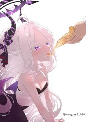 1girl absurdres ahoge bare_arms black_bra black_halo black_horns black_skirt blue_archive bra breasts food from_side halo highres hina_(blue_archive) holding holding_food holding_pizza horns long_hair mata_ashita multiple_horns open_mouth pizza pizza_slice purple_eyes purple_wings shirt simple_background skirt sleeveless sleeveless_shirt small_breasts solo_focus underwear very_long_hair white_background white_hair white_shirt wings