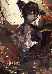 1boy ascot black_eyes black_hair code_geass copyright_name geass gloves heterochromia kawacy lelouch_vi_britannia male_focus red_eyes smile solo