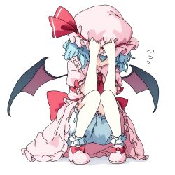 Rule 34 | 1girl, absurdres, ascot, bat wings, bloomers, blue hair, blush, bow, brooch, charisma guard, closed mouth, collared shirt, commentary, footwear bow, frilled shirt collar, frills, hands on headwear, hat, hat ribbon, highres, immaterial and missing power, jewelry, mob cap, pink hat, pink shirt, pink shoes, pink skirt, pioartstuff, red ascot, red bow, red ribbon, remilia day, remilia scarlet, ribbon, shirt, shoes, short sleeves, skirt, sleeve bow, socks, touhou, translated, underwear, upskirt, white bloomers, white socks, wings