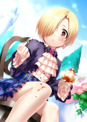 10s 1girl :o ascot black_bow black_bowtie blonde_hair blue_skirt blue_sky blush bow bowtie brown_eyes building buttons castle chair cup earrings female_focus fir_tree flower food food_on_body food_on_legs frills hair_over_one_eye highres holding idolmaster idolmaster_cinderella_girls jewelry leaf long_sleeves looking_at_viewer outdoors parted_lips pink_flower pink_rose rose shirasaka_koume shirt short_hair sitting skirt sky solo spoon tree white_shirt zen