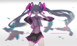 1girl absurdres bad_id bad_pixiv_id bird black_skirt blue_eyes bow cowboy_shot crop_top detached_sleeves female_focus floating_hair green_hair green_necktie grey_background groin hair_bow hatsune_miku headphones hibikase_(vocaloid) highres long_hair looking_at_viewer midriff miniskirt multiple_girls navel necktie pleated_skirt purple_bow shirt short_necktie skirt sleeveless sleeveless_shirt solo standing stomach suspender_skirt suspenders twintails very_long_hair vocaloid white_shirt yyb