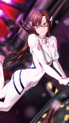 1girl absurdres blue_eyes bodysuit breasts brown_hair floating glasses highres long_hair looking_at_viewer makinami_mari_illustrious mecha_pilot_suit menomeno_draw neon_genesis_evangelion plugsuit_(evangelion) rebuild_of_evangelion red-framed_eyewear semi-rimless_eyewear solo under-rim_eyewear white_bodysuit