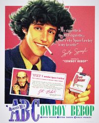 2boys ad character_name cigarette cigarette_pack commentary copyright_name cowboy_bebop english_commentary english_text facial_hair fake_ad green_hair highres holding holding_cigarette holding_cigarette_pack jet_black male_focus mouth_hold multiple_boys parody raised_eyebrow realistic retro_artstyle scar scar_across_eye scar_on_face smile smoking spike_spiegel vinutun