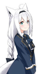 1girl ahoge animal_ears aqua_eyes ascot black_bow black_corset black_hairband blue_ascot blue_bow blue_bowtie blue_jacket bow bowtie braid braided_ponytail collared_shirt corset felutiahime fox_ears fox_girl fox_tail gloves hair_bow hairband highres hololive jacket light_blush long_hair long_sleeves looking_at_viewer low-braided_long_hair low-tied_long_hair official_alternate_costume shirakami_fubuki shirakami_fubuki_(aristocrat_kei) shirt side_braid sidelocks simple_background sleeve_cuffs smile solo tail virtual_youtuber white_background white_gloves white_shirt
