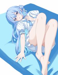 1girl :o barefoot blue_choker blue_eyes blue_hair blue_neckerchief choker full_body hair_bun highres hololive hoshimachi_suisei hoshimachi_suisei_(school_uniform) knees_up looking_at_viewer lying miniskirt neckerchief on_back oniku_(o29sukizero) puffy_short_sleeves puffy_sleeves short_sleeves skirt solo thighs virtual_youtuber white_skirt