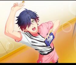 1boy blue_hair futaba_tomoe futsal_boys green_eyes open_mouth pink_shorts short_hair shorts yellow_background