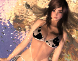 1girl 3d bikini blush breasts brown_eyes brown_hair cleavage female_focus fish flower hair_ornament hinemaru large_breasts long_hair solo swimsuit turtle water wet