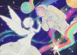 Rule 34 | 2girls, :o, alien stage, angel, angel wings, astronaut, chinese commentary, coldmeow, commentary, dress, earth (planet), helmet, highres, mizi (alien stage), multiple girls, open mouth, pink hair, planet, shooting star, short hair, signature, sleeveless, sleeveless dress, space helmet, star (sky), sua (alien stage), wings, yellow eyes