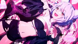 1girl absurdres animal_ears bear_ears bear_girl black_bra black_shorts blue_hair bra breasts cross cross_necklace fang glasses heart highres icey_snowpaws jewelry misaki_nonaka navel necklace open_mouth pink_nails red_eyes second-party_source shorts solo underwear vallure virtual_youtuber