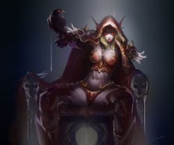 1girl armor between_breasts bikini_armor bird bird_on_hand blonde_hair bracer breasts cape caviar_(lunar_sama) cleavage crow dark_background elf female_focus glowing glowing_eyes greaves head_rest highres leaning_back lips looking_at_viewer midriff navel pauldrons pointy_ears red_eyes shoulder_armor signature sitting solo spread_legs sylvanas_windrunner throne warcraft world_of_warcraft