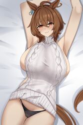 1girl agnes_tachyon_(umamusume) animal_ears armpits black_panties breasts brown_hair closed_mouth hair_between_eyes highres horse_ears horse_girl horse_tail large_breasts lengkuass looking_at_viewer lying on_back panties red_eyes short_hair sleeveless sleeveless_sweater smile solo sweater tail umamusume underwear white_sweater