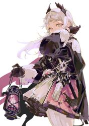Rule 34 | 1girl, absurdres, arknights, arm up, black gloves, covered mouth, cowboy shot, floating hair, gloves, grey eyes, grey hair, gun, hand in own hair, handgun, highres, holding, holding lantern, irene (arknights), lantern, long hair, long sleeves, pantyhose, puffy long sleeves, puffy sleeves, rapier, simple background, solo, standing, sword, tome 2150, weapon, white background, white pantyhose