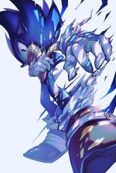 1boy blue_fur body_fur full_body furry furry_male grey_background highres looking_at_viewer male_focus muted_color simple_background smirk solo sonic_(series) sonic_the_hedgehog tondamanuke torn