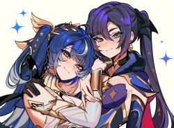 2girls absurdres ahoge ancient_greek_clothes bare_shoulders black_gloves black_hair blue_eyes blue_hair breasts choker closed_mouth detached_sleeves genshin_impact gloves gold_bra greco-roman_clothes hair_ribbon head_wreath highres iuno_(wuthering_waves) long_hair looking_at_viewer memeh mona_(genshin_impact) multicolored_eyes multicolored_hair multiple_girls ribbon simple_background smile star_(symbol) twintails very_long_hair white_background wuthering_waves