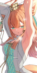 1girl absurdres ahoge animal_ear_hood animal_ears arknights armpits arms_up blunt_bangs cat_ears cat_girl ears_under_headwear fake_animal_ears hair_ornament head_chain highres hood hooded_dress jewelry kimo_suna orange_hair orange_tail papyrus_(arknights) presenting_armpit solo sweat upper_body white_background